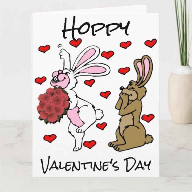 Hoppy Valentine's Day - Bunny Rabbits and Hearts Card (Front)