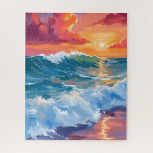 Horizon of Light Ocean Waves Sunset Watercolor Jigsaw Puzzle