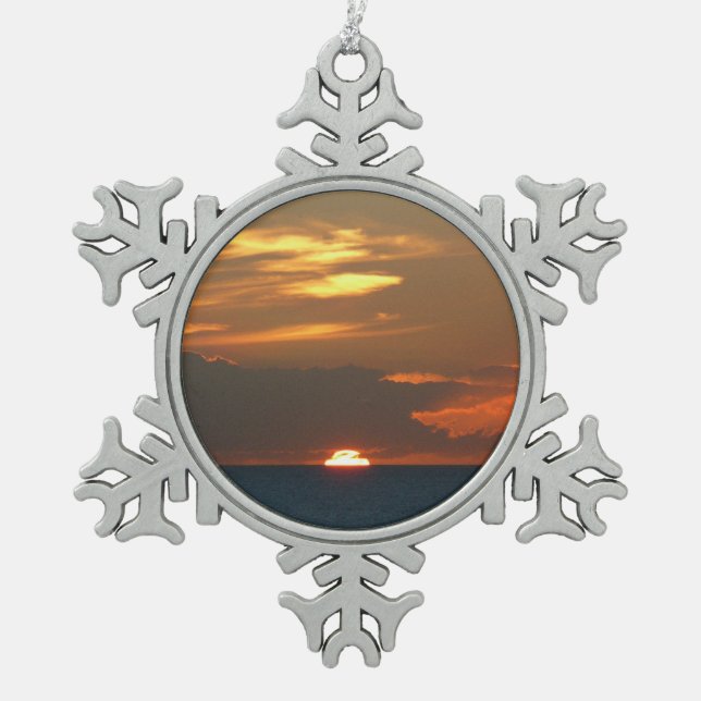 Horizon Sunset Colourful Seascape Photography Snowflake Pewter Christmas Ornament (Front)