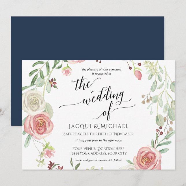 Horizonal Blush Rose Wreath Foliage Watercolor Invitation (Front/Back)