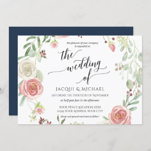 Horizonal Blush Rose Wreath Foliage Watercolor Invitation