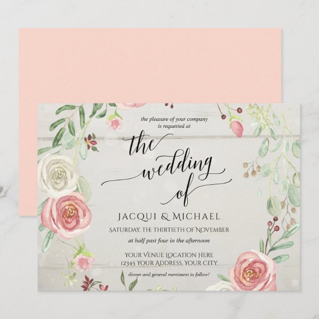 Horizonal Rustic Elegant Rose Wreath Foliage Leaf Invitation (Front/Back)