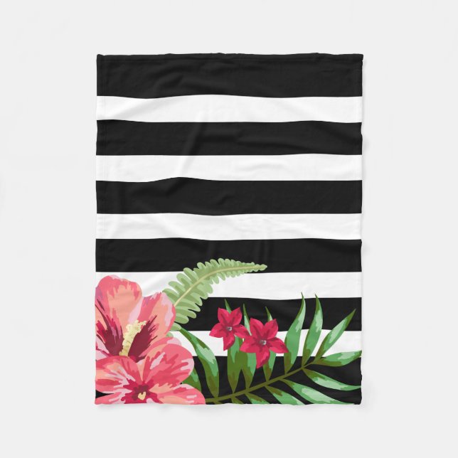 Horizontal Black And White Stripes And Flowers Fleece Blanket (Front)