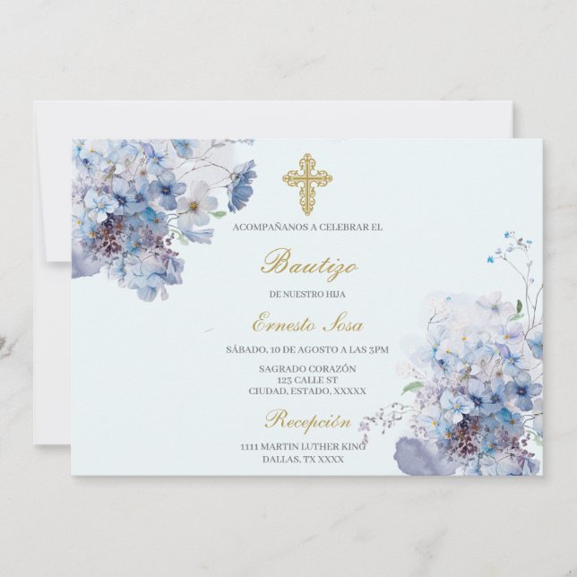 Horizontal blue flower Baptism Spanish Invitation (Front)
