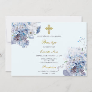 Horizontal blue flower Baptism Spanish Invitation