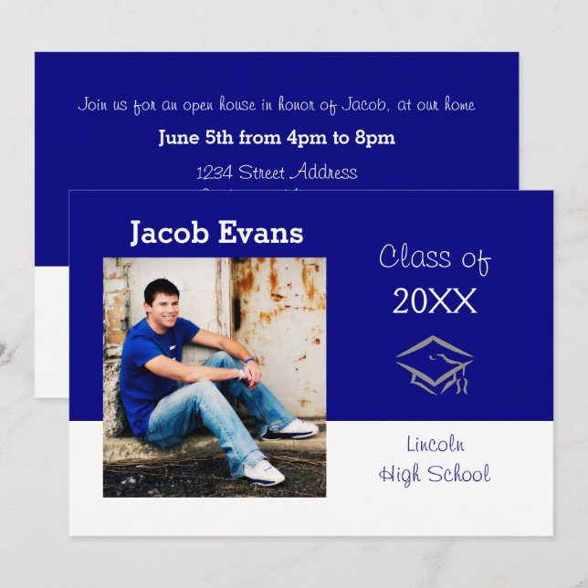 Horizontal Blue w/Photo - Graduation Announcement (Front/Back)