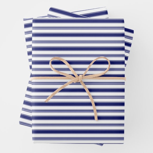 Horizontal Blue & White Stripes (large scale) Wrapping Paper Sheet (In situ)