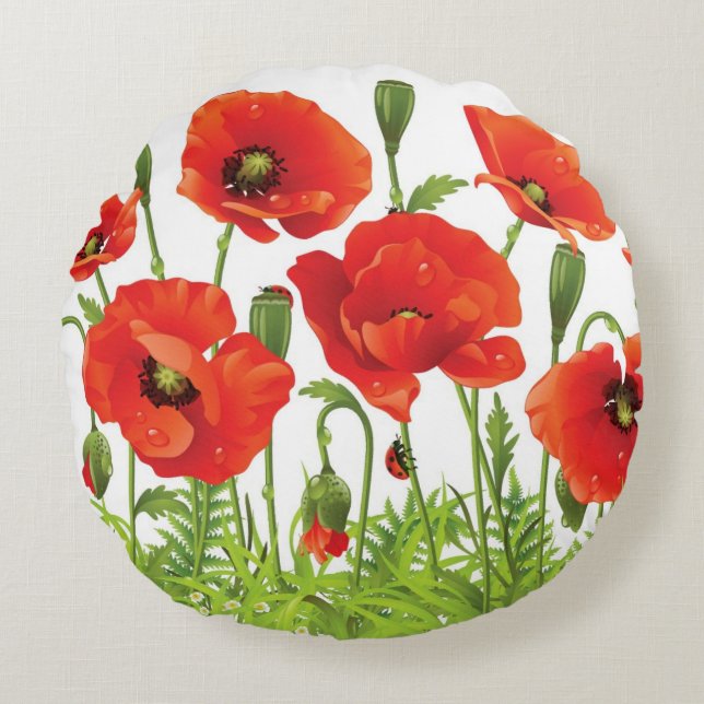 Horizontal border with red poppy round cushion (Front)