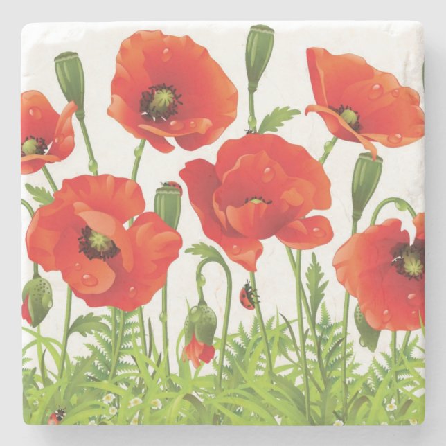 Horizontal border with red poppy stone coaster (Front)