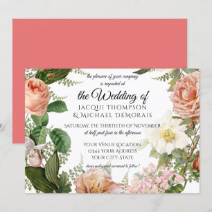 Horizontal Coral Ivory Vintage Rose Floral Wedding Invitation