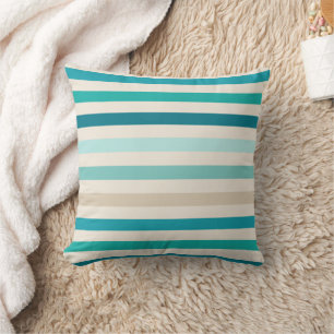 Horizontal Even Stripes, Lagoon, Blue, Aqua, Cream Cushion