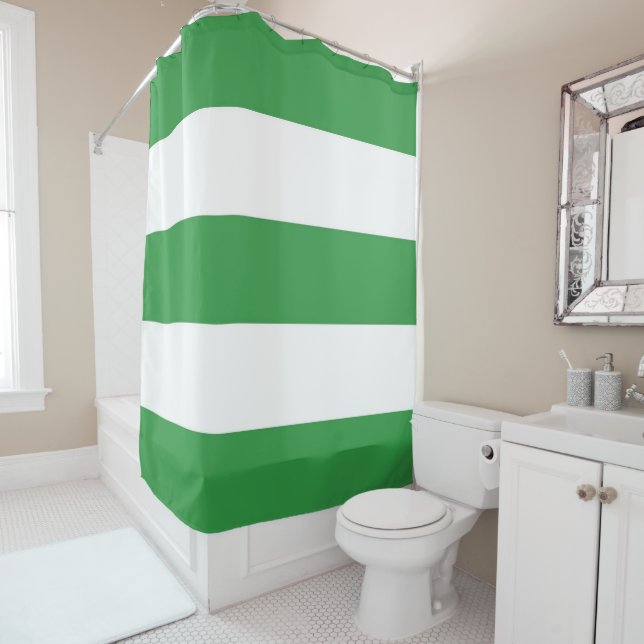 Horizontal Green White Retro Stripe Pattern Spring Shower Curtain (In Situ)