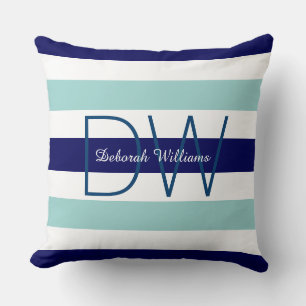 horizontal large blue (2 tones) stripes & monogram cushion
