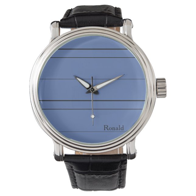 Horizontal lines, black stripes on blue watch (Front)