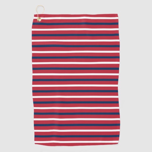 Horizontal Nautical Stripes Red Blue White Golf Towel (Front)
