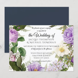 Horizontal Navy Blue Purple Ivory Vintage Floral Invitation