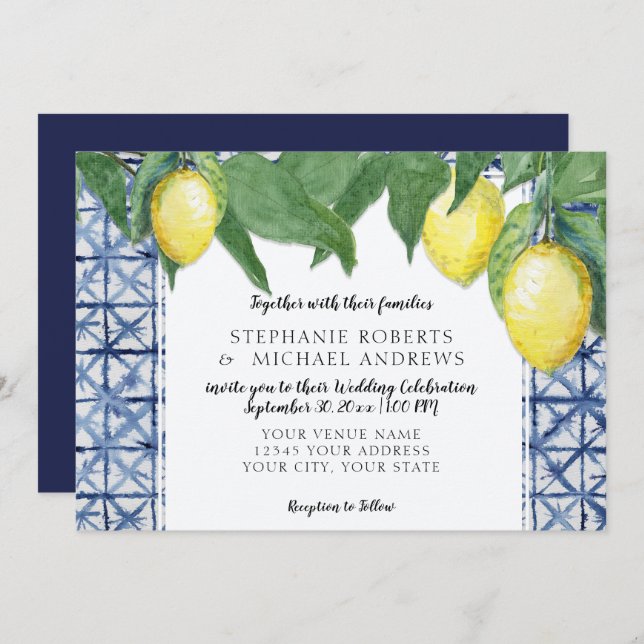 Horizontal Navy Blue White Shibori w Lemon Branch Invitation (Front/Back)