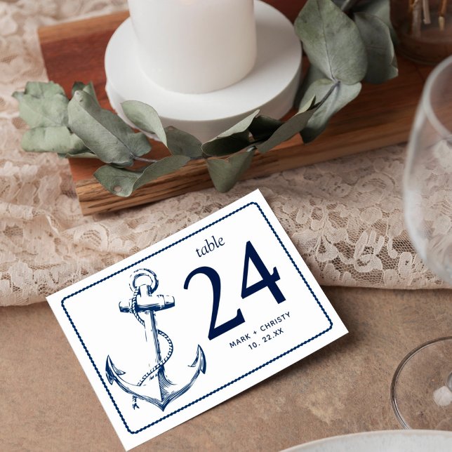 Horizontal Navy Nautical Sketch Anchor Table Number (Creator Uploaded)