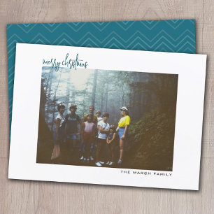 Horizontal Photo blue chevron white border minimal Holiday Card