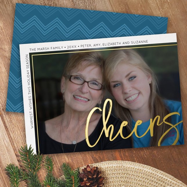 Horizontal Photo Blue Chevrons Huge Script Cheers Foil Holiday Card (Creator Uploaded)