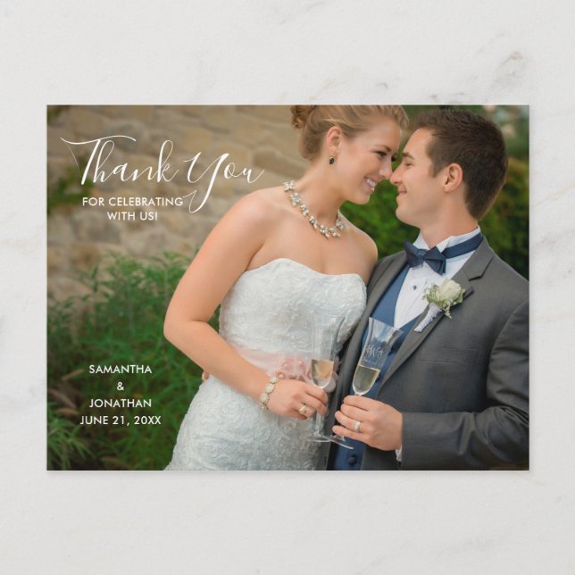 Horizontal Photo | Calligraphy Wedding Thank You Invitation Postcard (Front)