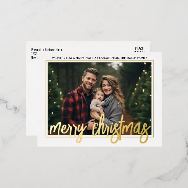 Horizontal Photo - large Merry Christmas Script - Foil Holiday Postcard (Front/Back)