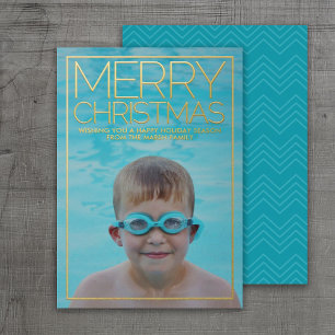 Horizontal Photo - Merry Christmas aqua blue gold Foil Holiday Card
