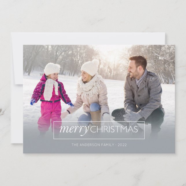Horizontal Photo Merry Christmas Modern Grey Holiday Card (Front)