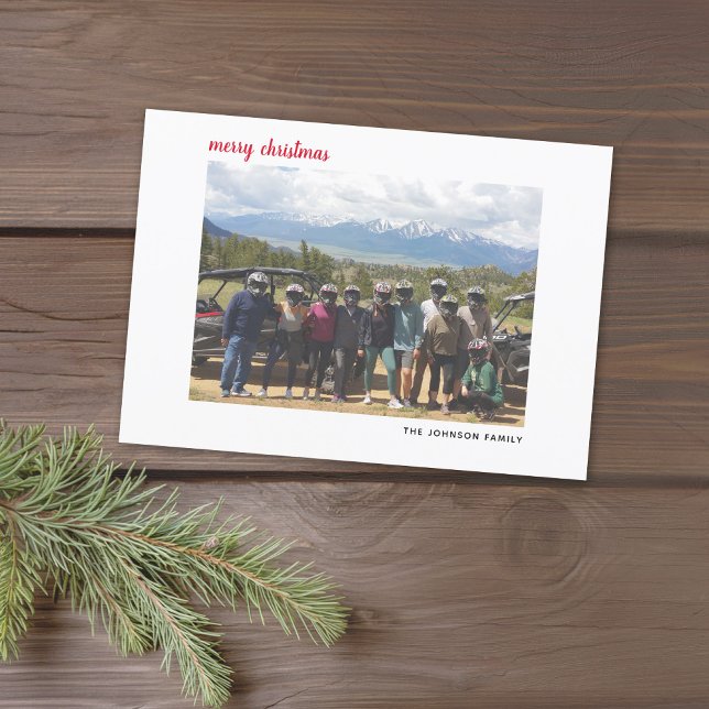 Horizontal  Photo Merry Christmas Script Red plaid Holiday Card (Minimal Design for a Christmas Card with 1 photo and simple type - download option available)