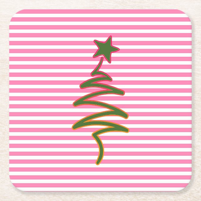 Horizontal Pink Stripes + Star  Square Paper Coaster (Front)