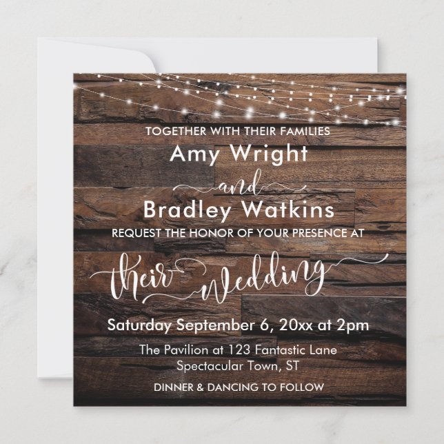 Horizontal Rustic Wood & Light Strings Wedding Invitation (Front)