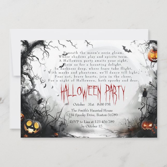 Horizontal Spooky Forest I Pumpkins Poem Halloween Invitation (Front)