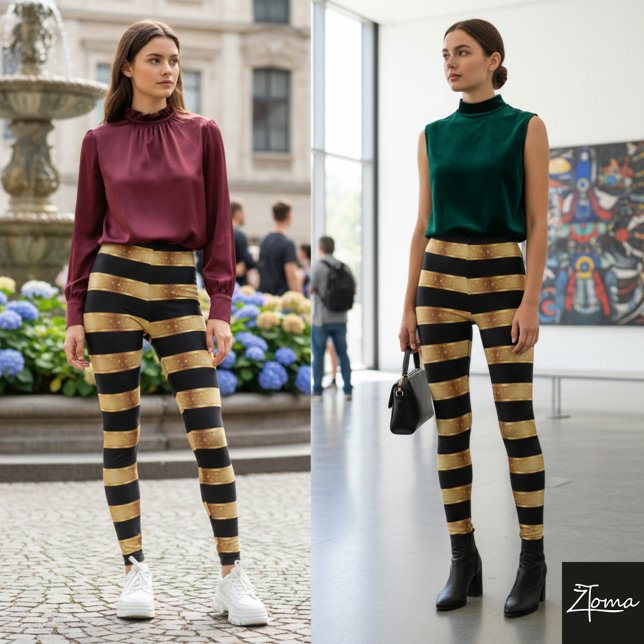 Horizontal Stripe Black Gold Metallic Glossy Leggings (Creator Uploaded)