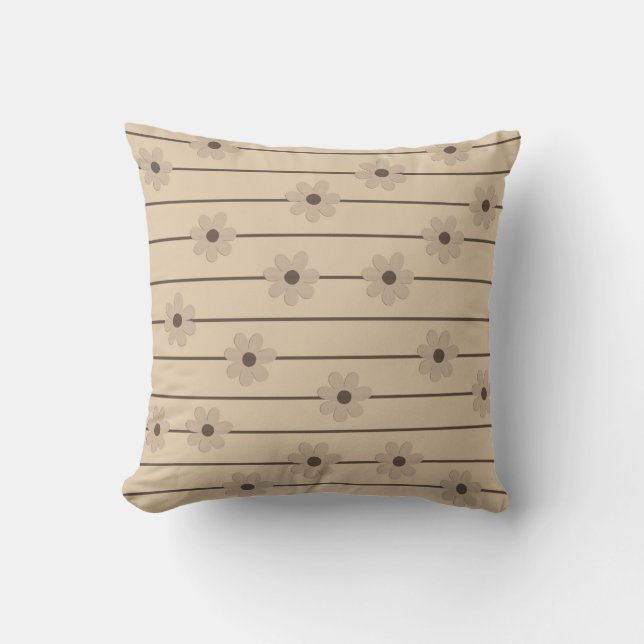 Horizontal Stripe Brown Khaki Flower Y2K Pattern Cushion (Front)