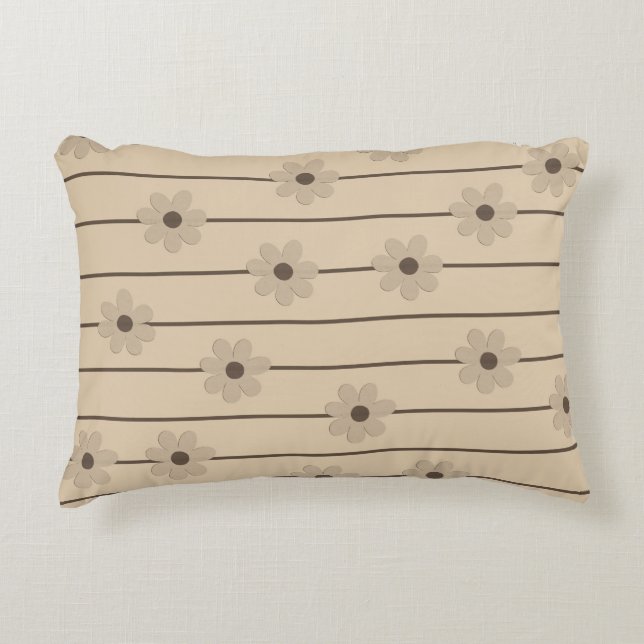 Horizontal Stripe Brown Khaki Flower Y2K Pattern Decorative Cushion (Front)
