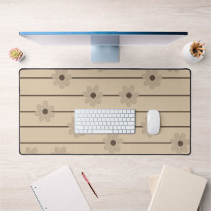 Horizontal Stripe Brown Khaki Flower Y2K Pattern Desk Mat