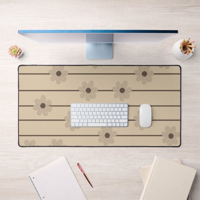 Horizontal Stripe Brown Khaki Flower Y2K Pattern Desk Mat (Office 1)