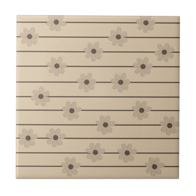 Horizontal Stripe Brown Khaki Flower Y2K Pattern Tile (Front)