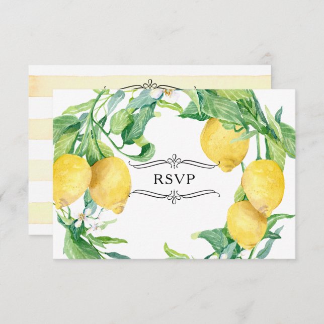 Horizontal Striped Lemon Floral Citrus Leaf RSVP Invitation (Front/Back)
