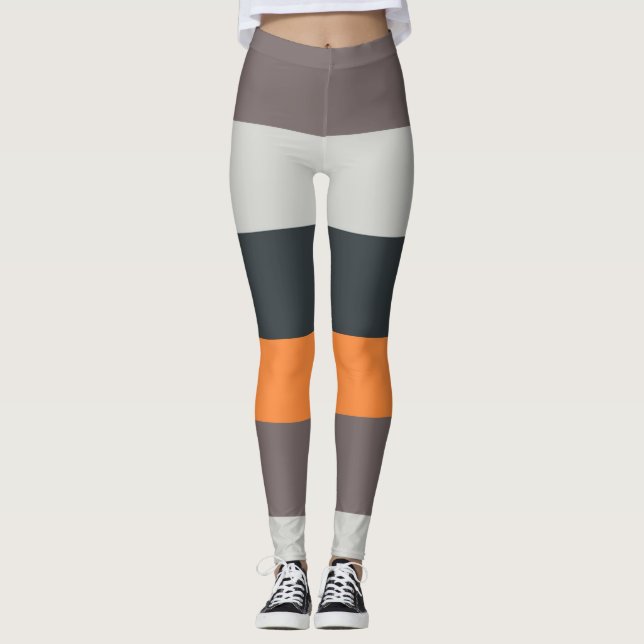 Horizontal Striped Pattern Orange Sand Charcoal Leggings (Front)