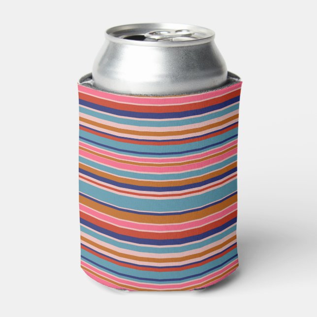 Horizontal stripes blue pink terracotta retro  can cooler (Can Front)