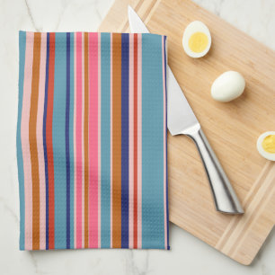 Horizontal stripes blue pink terracotta retro  tea towel