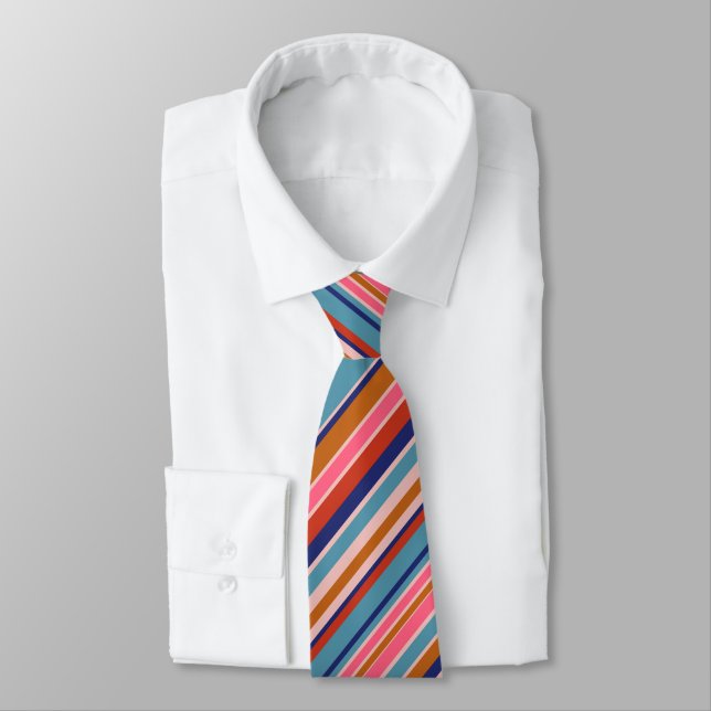 Horizontal stripes blue pink terracotta retro  tie (Tied)