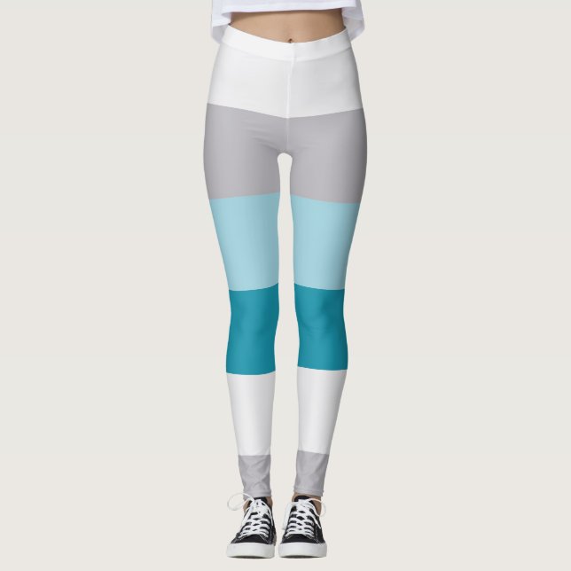Horizontal Stripes Blue White Grey Striped Pattern Leggings (Front)