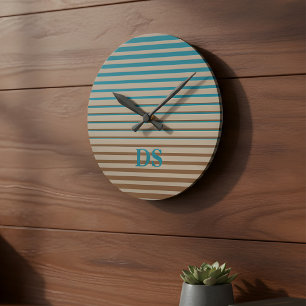Horizontal Stripes Brown & Blue Monogram Round Clock