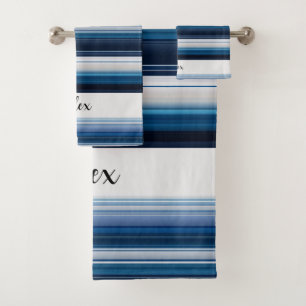 Horizontal Stripes in Blue White Grey Bath Towel Set