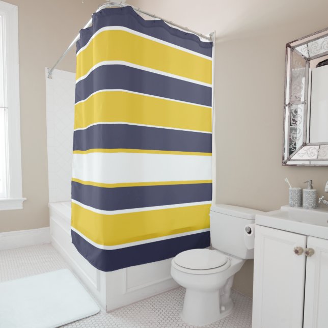 Horizontal stripes, mustard yellow, navy blue, whi shower curtain (In Situ)