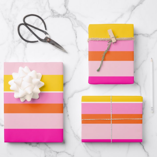 Horizontal Stripes Pink Orange Yellow Striped Wrapping Paper Sheet (Front)