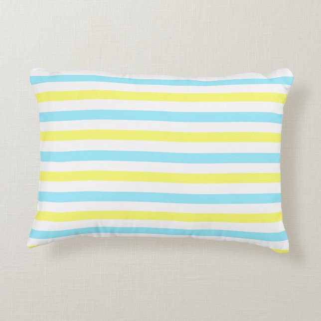 Horizontal Turquoise, Yellow and White Stripes Decorative Cushion (Back)