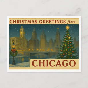 Horizontal Vintage Chicago Christmas Postcard